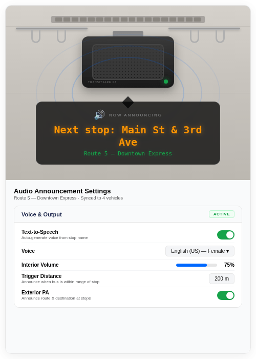 LED 'next stop' audio announcement + TransitFare Cloud announcement config screen configuring next stop announcement settings.