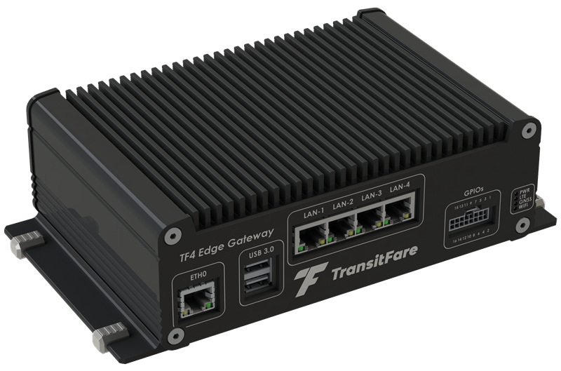 TransitFare TF4 Edge Gateway device for transit tracking, schedule adherence, CAD/AVL, and dispatch.