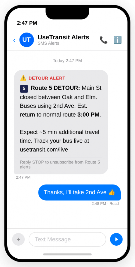 SMS transit alert on a smartphone showing a Route 5 detour notification from UseTransit Alerts with real-time service change details and unsubscribe option