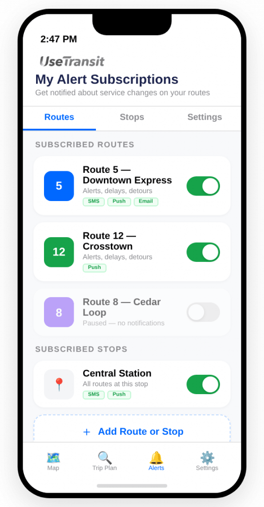 UseTransit app alert subscription management screen showing route-level toggle controls for transit service notifications via SMS, push, and email